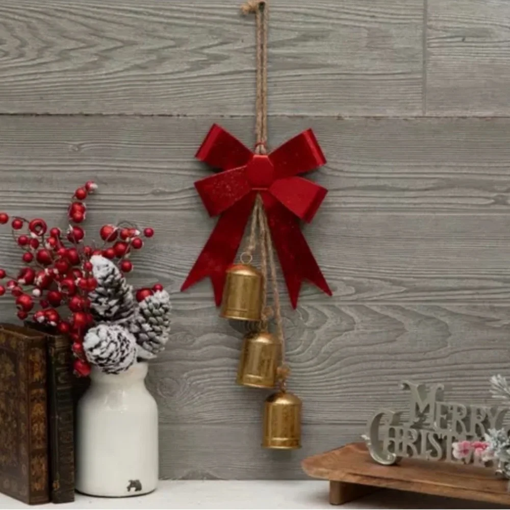Hobby Lobby Metal & Jute Red Metallic Bow & Gold Jingle Bells Holiday Decor, New